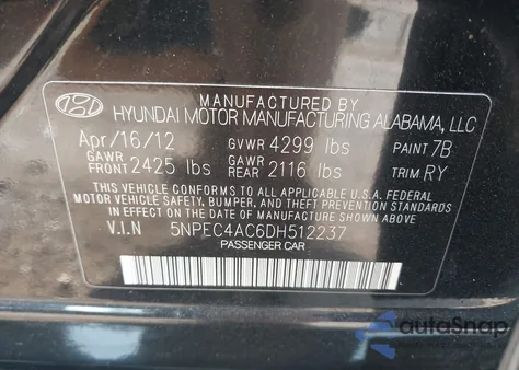 2013 Hyundai Sonata Limited z USA, uszkodzony, nr VIN 5NPEC4AC6DH512237